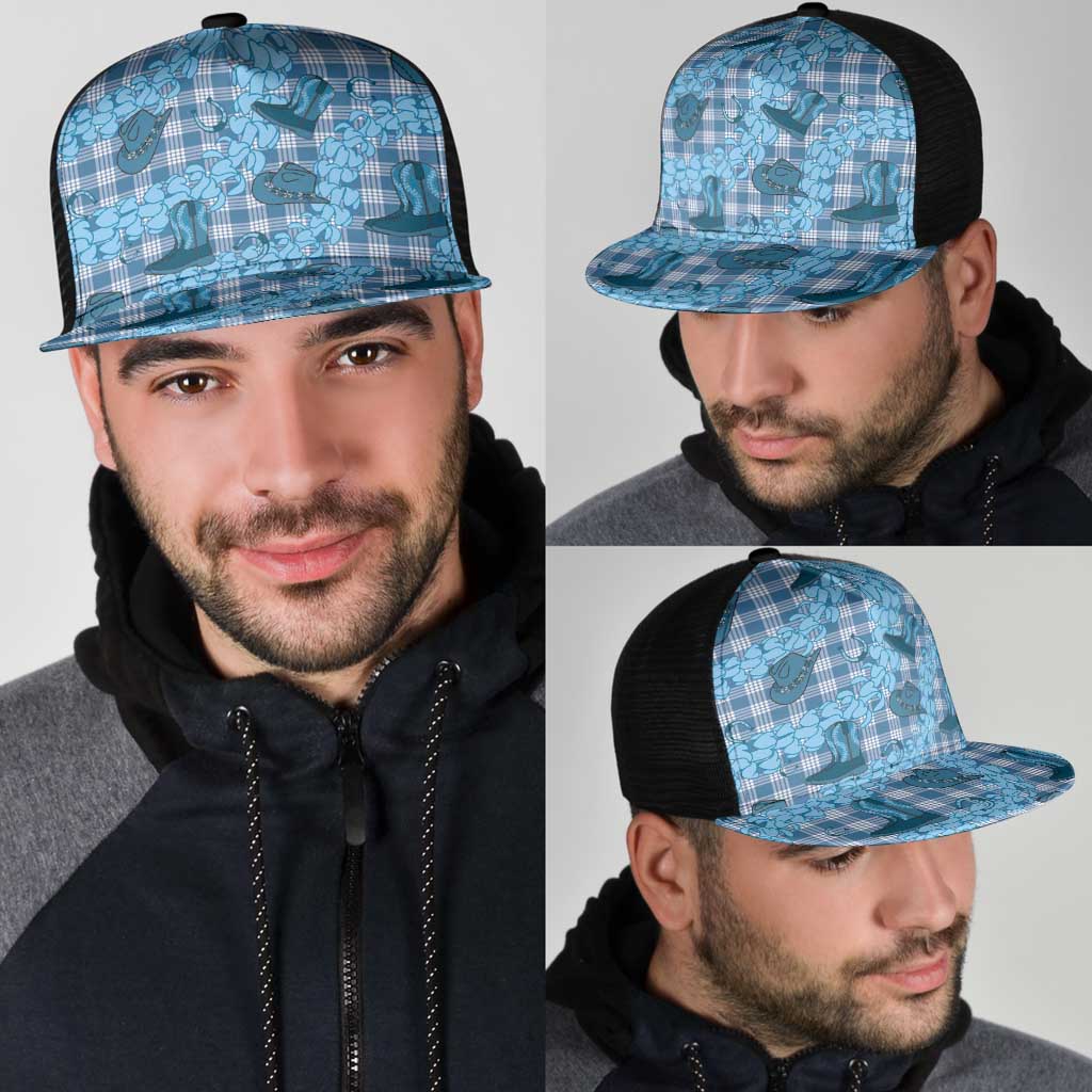 Cyan Palaka Hawaii Cowboy Mesh Trucker Cap Puakenikeni Lei Paniolo Papale Seamless Vibes - Polynesian Pride