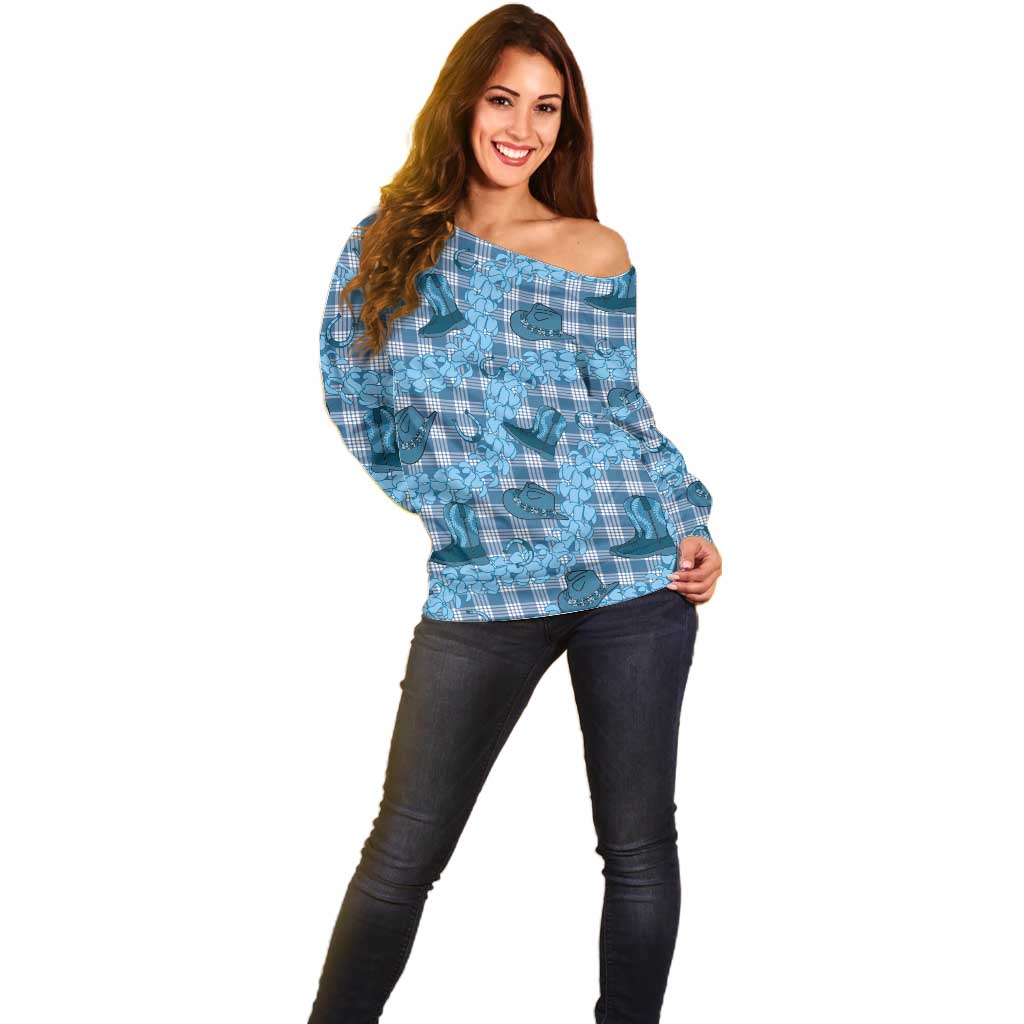 Cyan Palaka Hawaii Cowboy Off Shoulder Sweater Puakenikeni Lei Paniolo Papale Seamless Vibes - Polynesian Pride