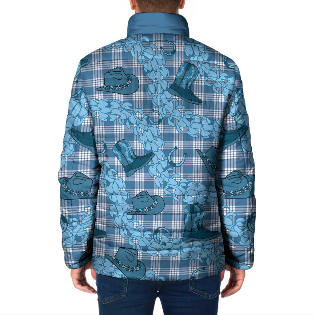 Cyan Palaka Hawaii Cowboy Padded Jacket Puakenikeni Lei Paniolo Papale Seamless Vibes - Polynesian Pride