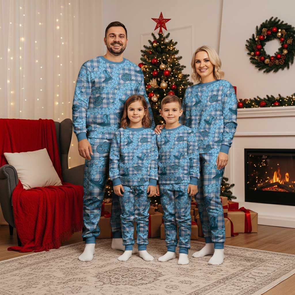 Cyan Palaka Hawaii Cowboy Christmas Pajama Set Puakenikeni Lei Paniolo Papale Seamless Vibes - Polynesian Pride