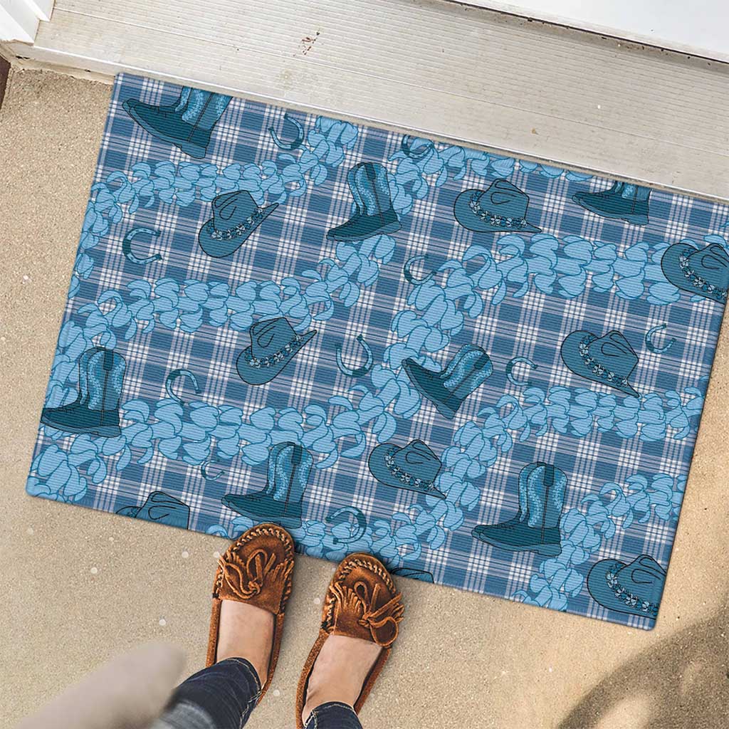 Cyan Palaka Hawaii Cowboy Rubber Doormat Puakenikeni Lei Paniolo Papale Seamless Vibes - Polynesian Pride