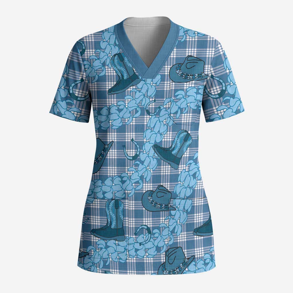 Cyan Palaka Hawaii Cowboy Scrub Top Puakenikeni Lei Paniolo Papale Seamless Vibes - Polynesian Pride