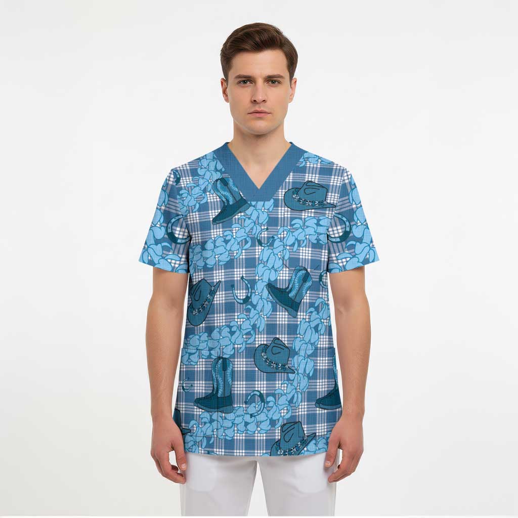 Cyan Palaka Hawaii Cowboy Scrub Top Puakenikeni Lei Paniolo Papale Seamless Vibes - Polynesian Pride