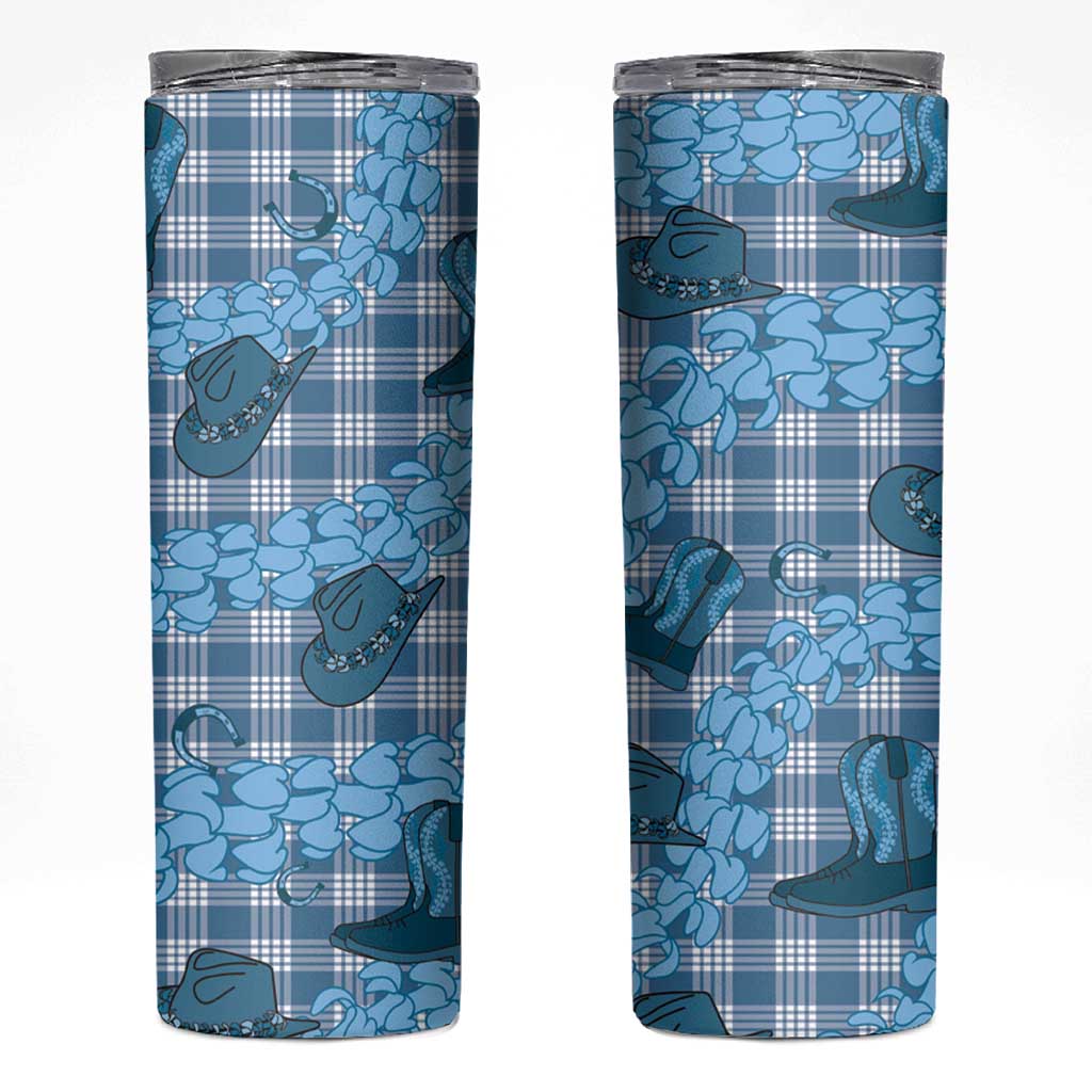 Cyan Palaka Hawaii Cowboy Skinny Tumbler Puakenikeni Lei Paniolo Papale Seamless Vibes - Polynesian Pride