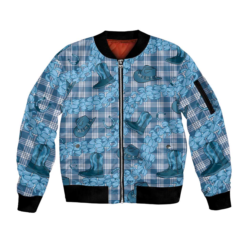 Cyan Palaka Hawaii Cowboy Sleeve Zip Bomber Jacket Puakenikeni Lei Paniolo Papale Seamless Vibes - Polynesian Pride