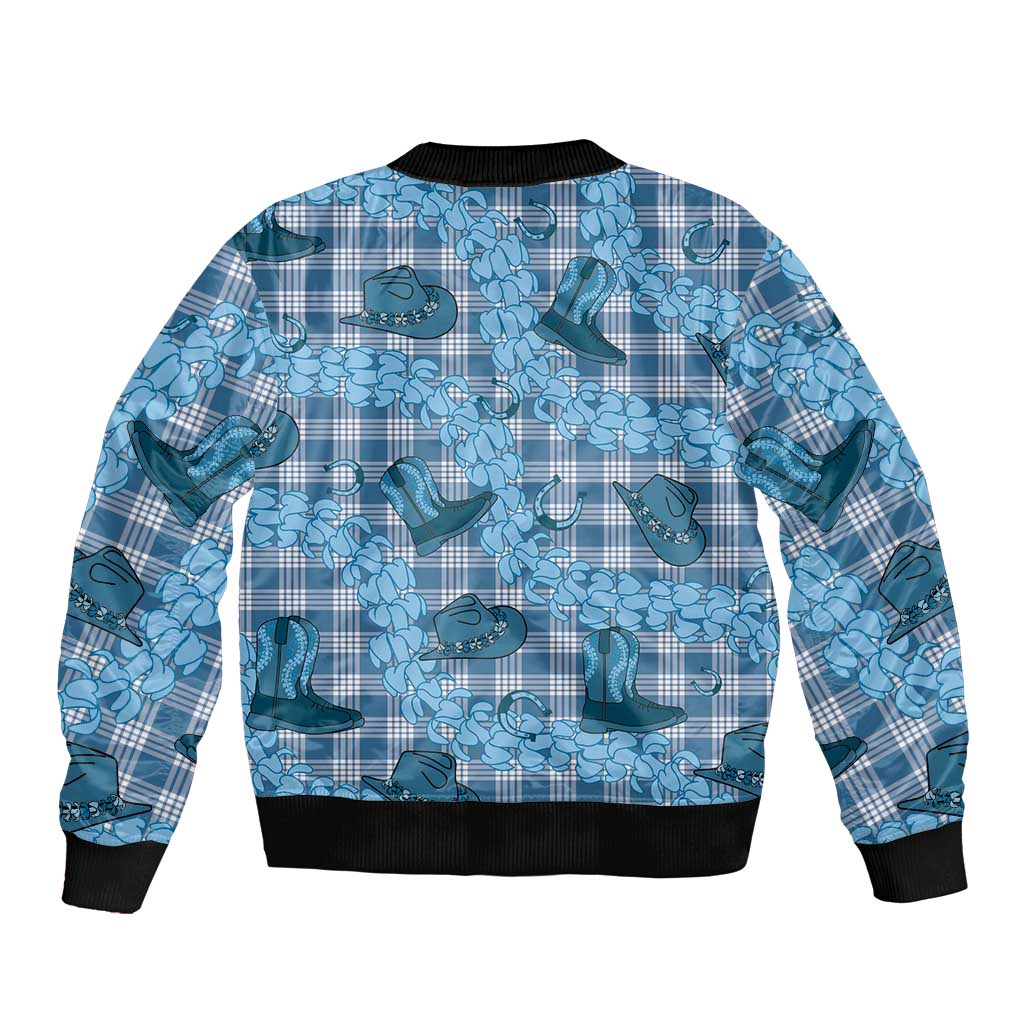 Cyan Palaka Hawaii Cowboy Sleeve Zip Bomber Jacket Puakenikeni Lei Paniolo Papale Seamless Vibes - Polynesian Pride