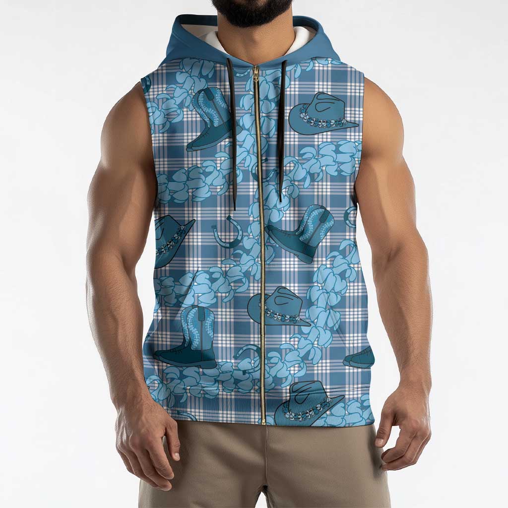 Cyan Palaka Hawaii Cowboy Sleeveless Zip Hoodie Puakenikeni Lei Paniolo Papale Seamless Vibes - Polynesian Pride