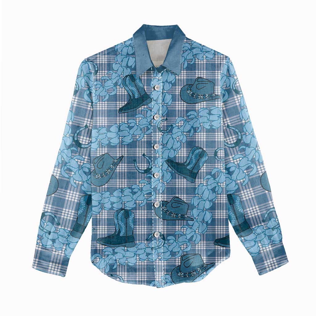 Cyan Palaka Hawaii Cowboy Women Casual Shirt Puakenikeni Lei Paniolo Papale Seamless Vibes - Polynesian Pride