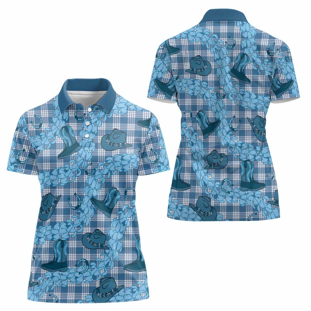 Cyan Palaka Hawaii Cowboy Women Polo Shirt Puakenikeni Lei Paniolo Papale Seamless Vibes - Polynesian Pride