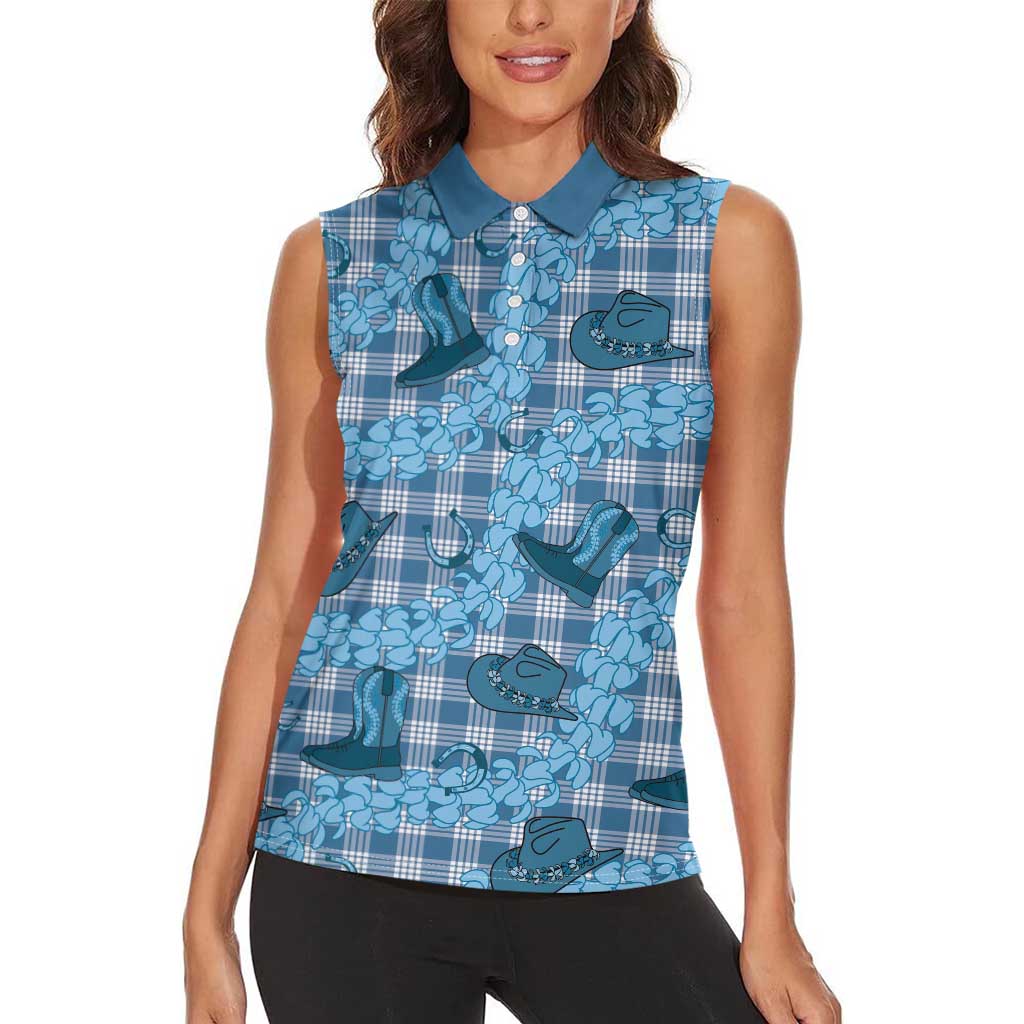 Cyan Palaka Hawaii Cowboy Women Sleeveless Polo Shirt Puakenikeni Lei Paniolo Papale Seamless Vibes - Polynesian Pride