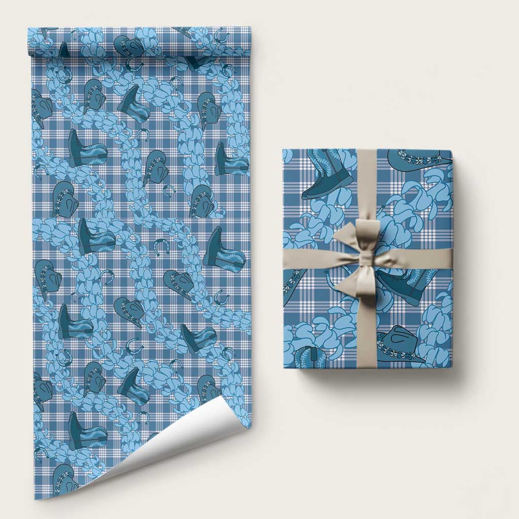 Cyan Palaka Hawaii Cowboy Wrapping Paper Puakenikeni Lei Paniolo Papale Seamless Vibes LT14 58" × 23" Cyan - Polynesian Pride