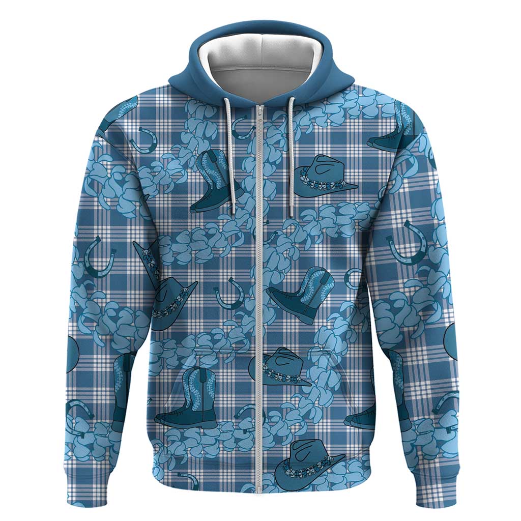 Cyan Palaka Hawaii Cowboy Zip Hoodie Puakenikeni Lei Paniolo Papale Seamless Vibes - Polynesian Pride