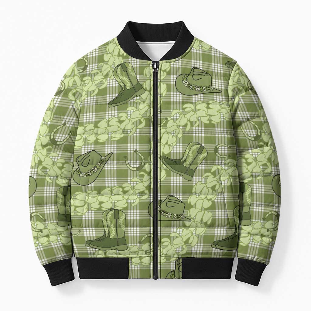 Lime Palaka Hawaii Cowboy Bomber Puffer Jacket Puakenikeni Lei Paniolo Papale Seamless Vibes - Polynesian Pride