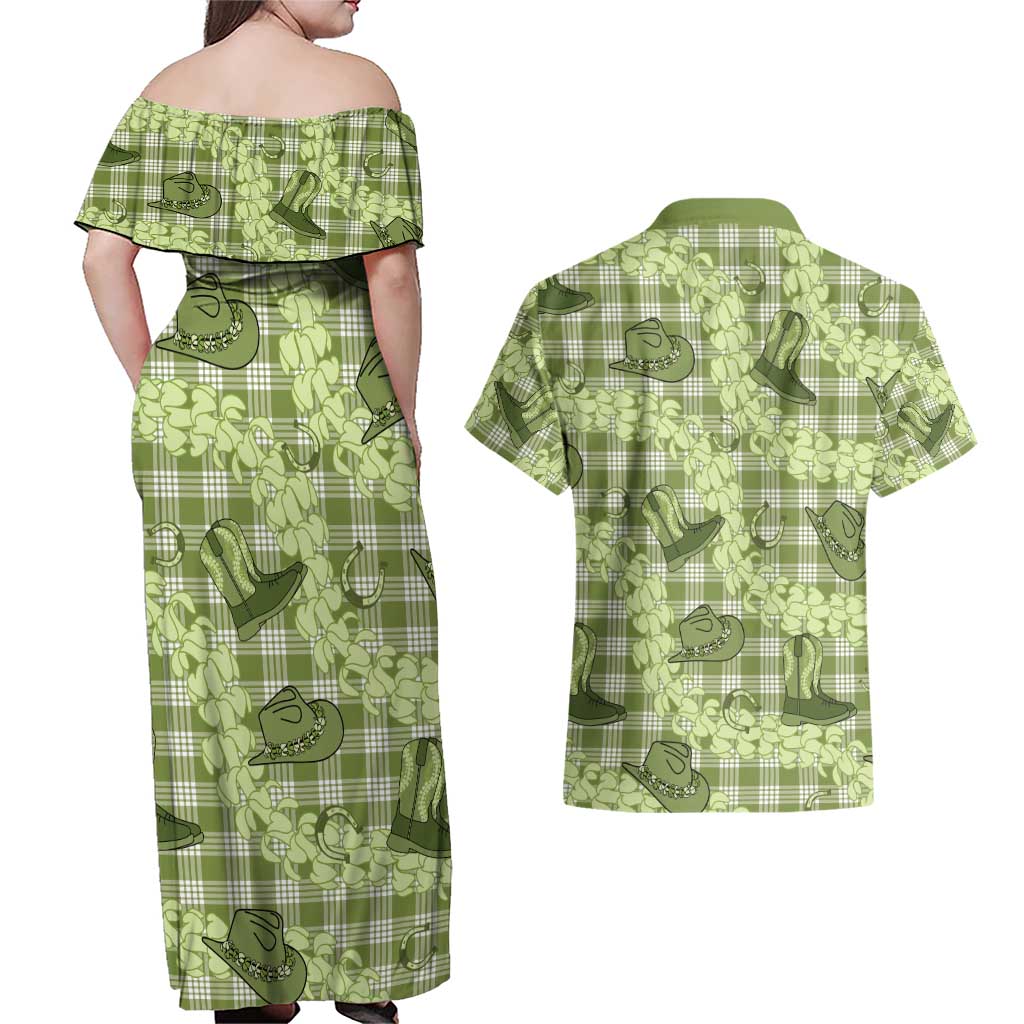 Lime Palaka Hawaii Cowboy Couples Matching Off Shoulder Maxi Dress and Hawaiian Shirt Puakenikeni Lei Paniolo Papale Seamless Vibes - Polynesian Pride
