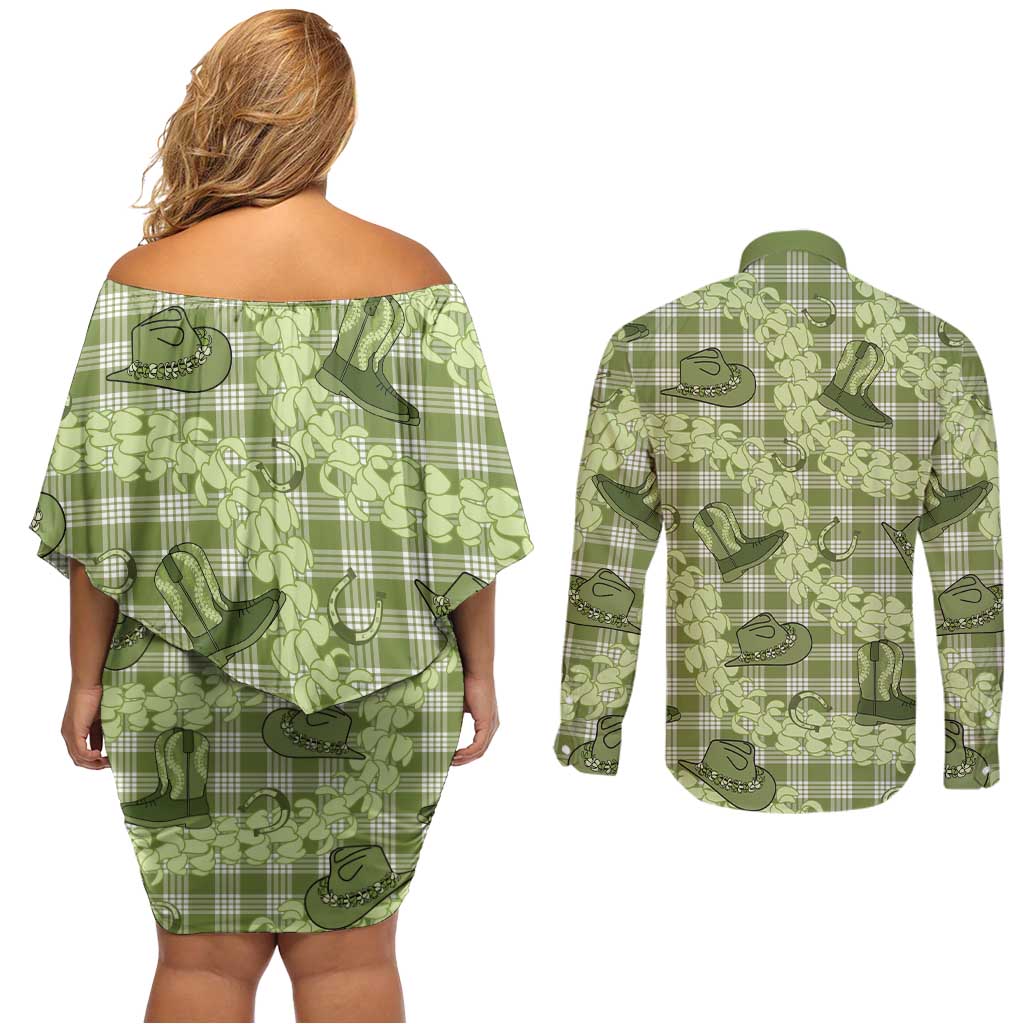 Lime Palaka Hawaii Cowboy Couples Matching Off Shoulder Short Dress and Long Sleeve Button Shirt Puakenikeni Lei Paniolo Papale Seamless Vibes - Polynesian Pride