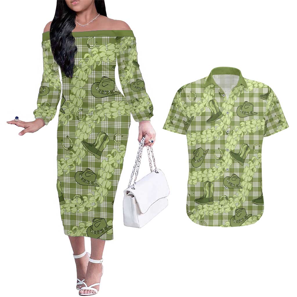 Lime Palaka Hawaii Cowboy Couples Matching Off The Shoulder Long Sleeve Dress and Hawaiian Shirt Puakenikeni Lei Paniolo Papale Seamless Vibes - Polynesian Pride