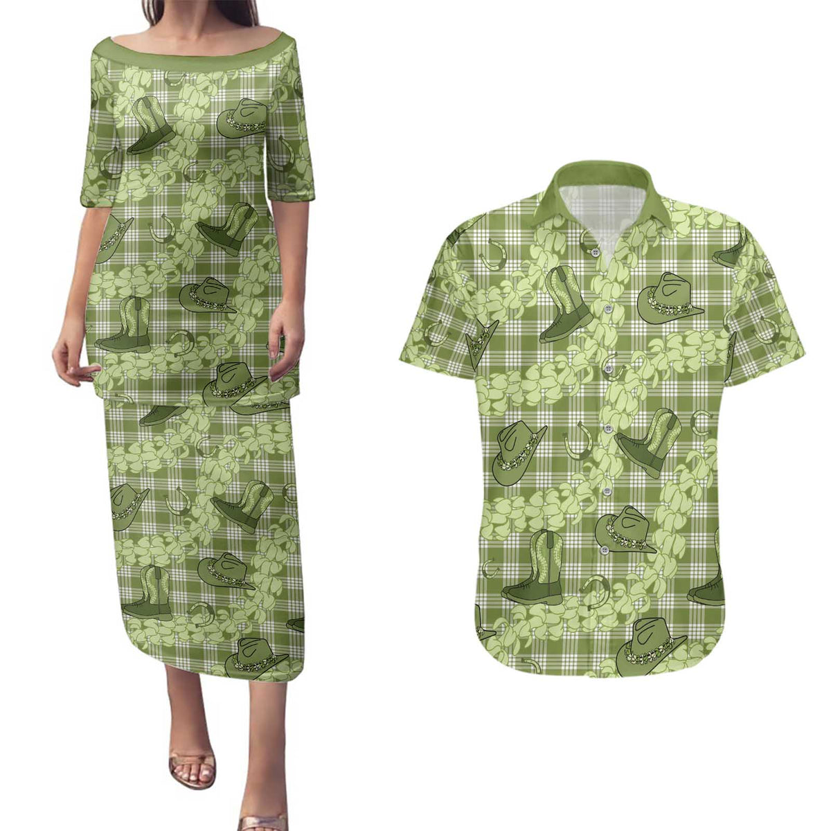 Lime Palaka Hawaii Cowboy Couples Matching Puletasi and Hawaiian Shirt Puakenikeni Lei Paniolo Papale Seamless Vibes - Polynesian Pride