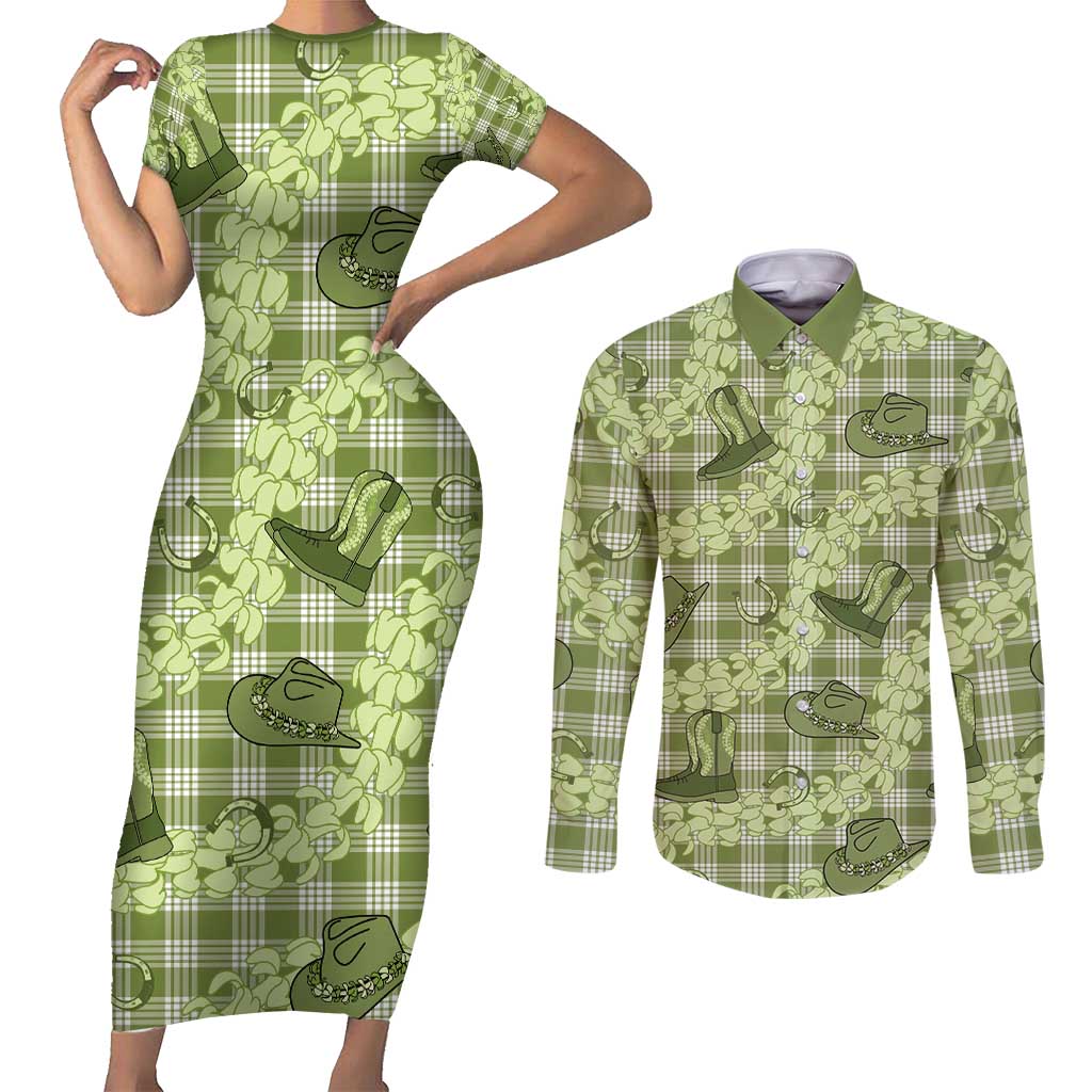 Lime Palaka Hawaii Cowboy Couples Matching Short Sleeve Bodycon Dress and Long Sleeve Button Shirt Puakenikeni Lei Paniolo Papale Seamless Vibes - Polynesian Pride