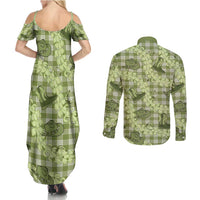 Lime Palaka Hawaii Cowboy Couples Matching Summer Maxi Dress and Long Sleeve Button Shirt Puakenikeni Lei Paniolo Papale Seamless Vibes - Polynesian Pride