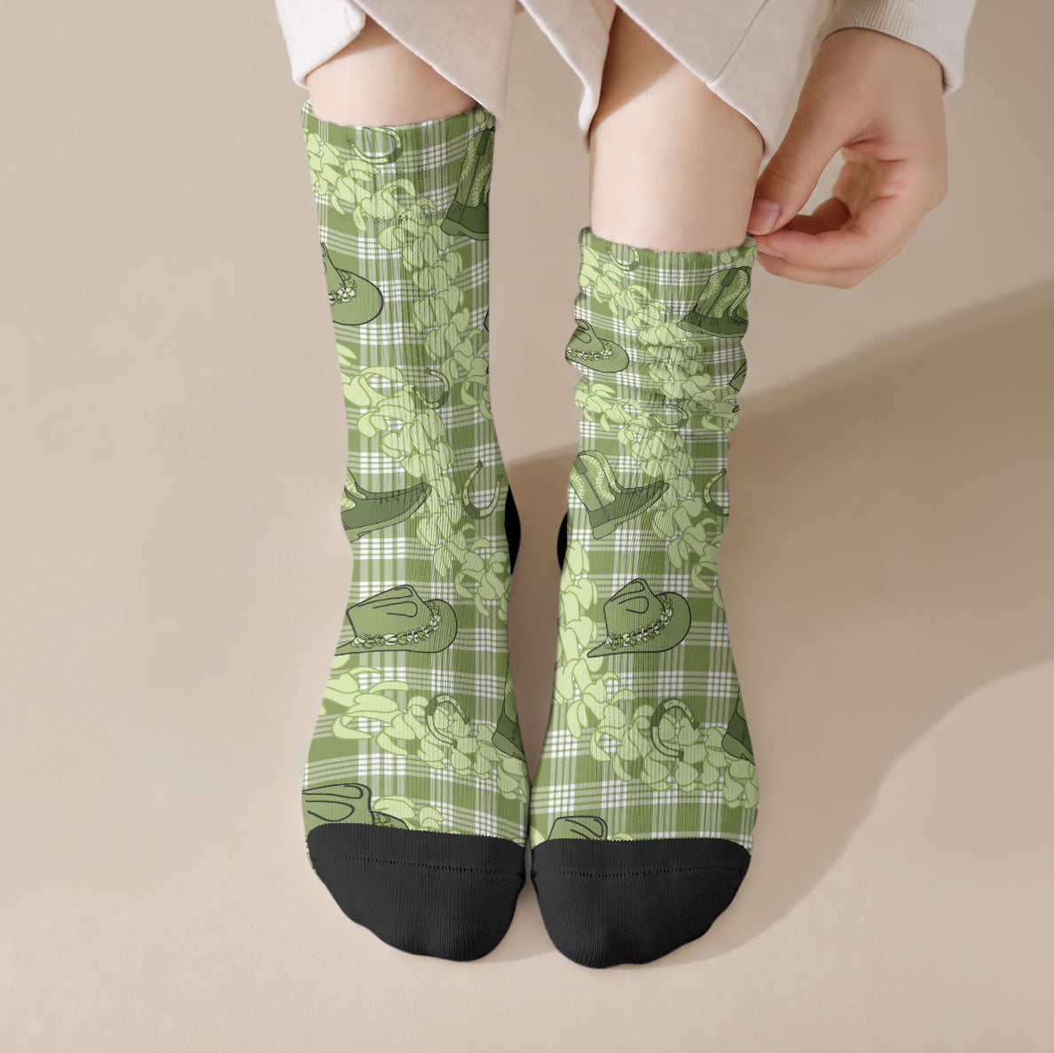 Lime Palaka Hawaii Cowboy Crew Socks Puakenikeni Lei Paniolo Papale Seamless Vibes