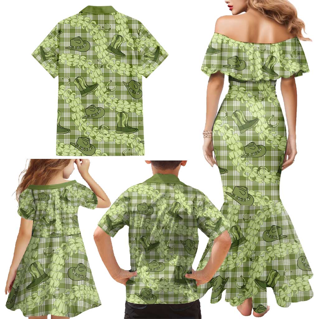 Lime Palaka Hawaii Cowboy Family Matching Mermaid Dress and Hawaiian Shirt Puakenikeni Lei Paniolo Papale Seamless Vibes - Polynesian Pride