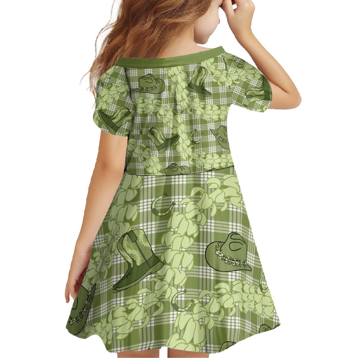 Lime Palaka Hawaii Cowboy Family Matching Off The Shoulder Long Sleeve Dress and Hawaiian Shirt Puakenikeni Lei Paniolo Papale Seamless Vibes - Polynesian Pride