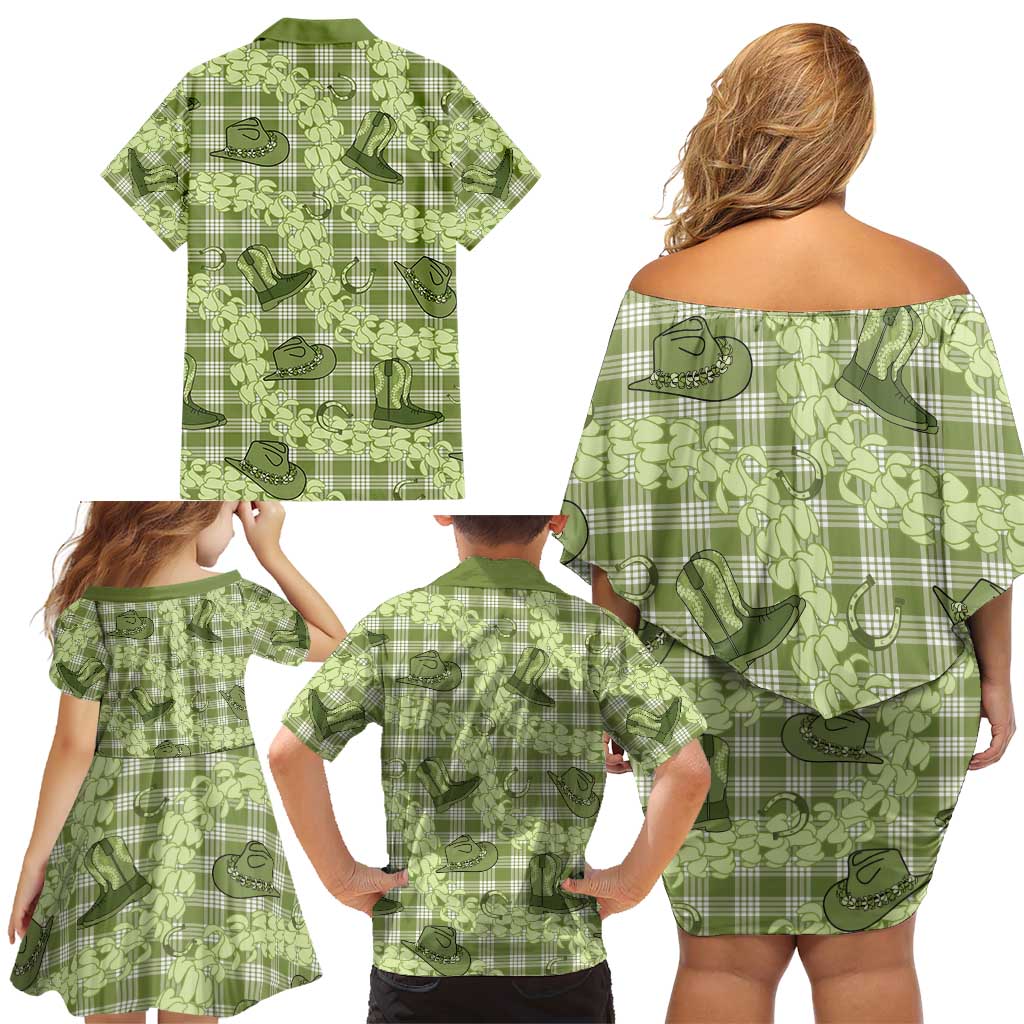 Lime Palaka Hawaii Cowboy Family Matching Off Shoulder Short Dress and Hawaiian Shirt Puakenikeni Lei Paniolo Papale Seamless Vibes - Polynesian Pride