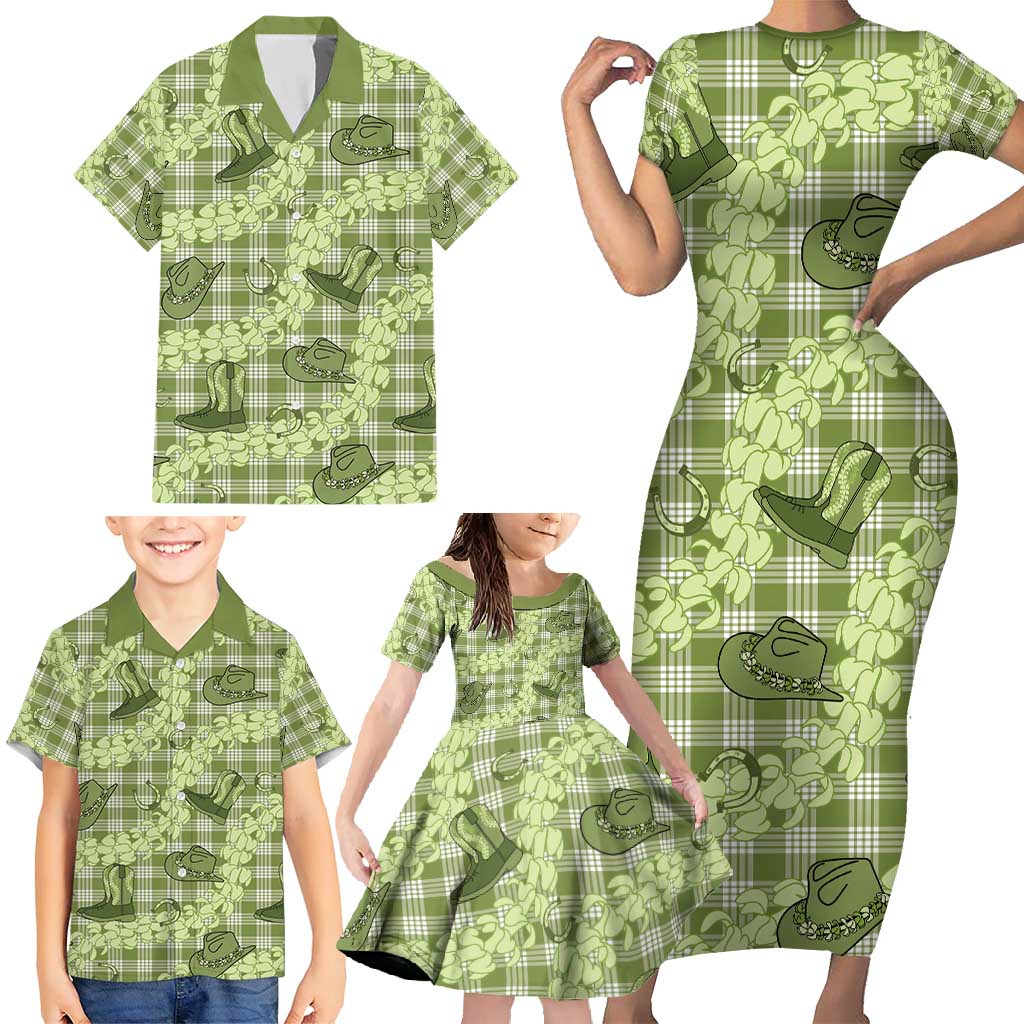 Lime Palaka Hawaii Cowboy Family Matching Short Sleeve Bodycon Dress and Hawaiian Shirt Puakenikeni Lei Paniolo Papale Seamless Vibes - Polynesian Pride