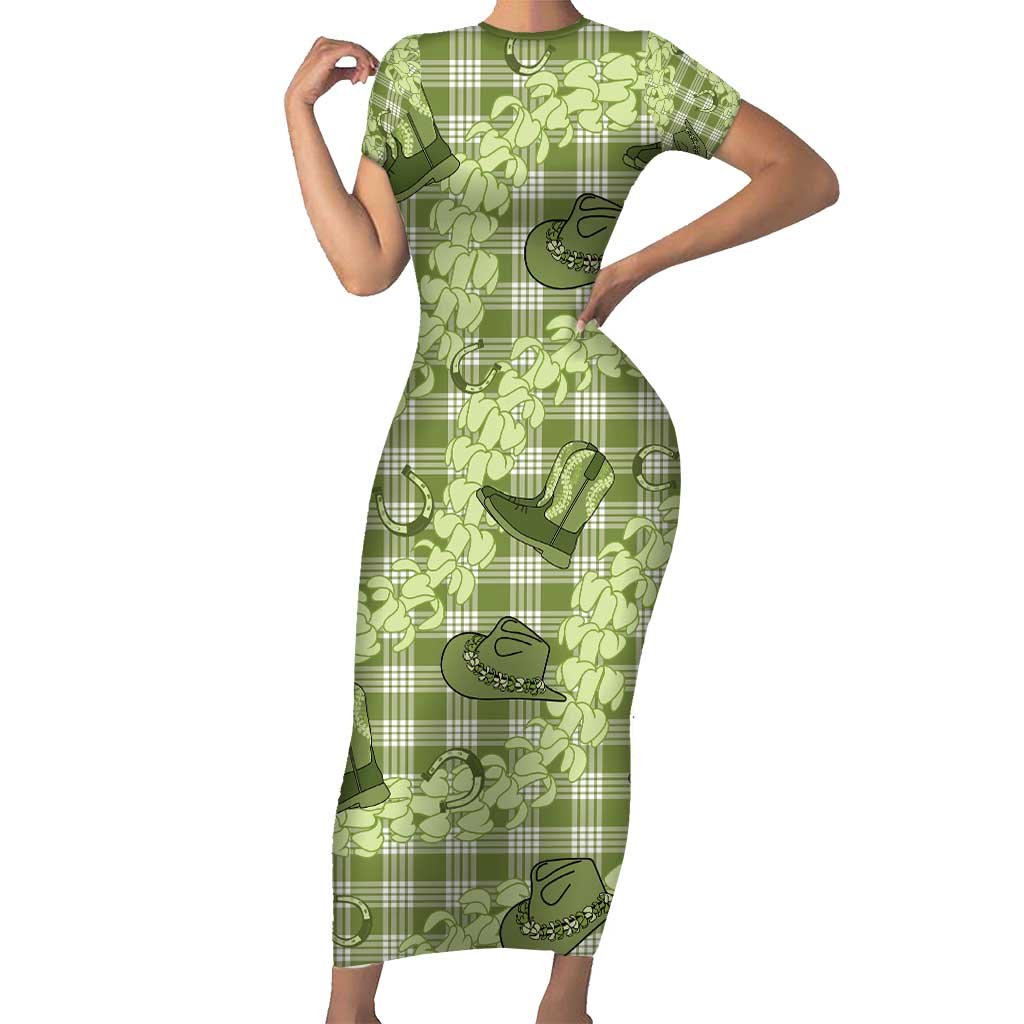 Lime Palaka Hawaii Cowboy Family Matching Short Sleeve Bodycon Dress and Hawaiian Shirt Puakenikeni Lei Paniolo Papale Seamless Vibes - Polynesian Pride