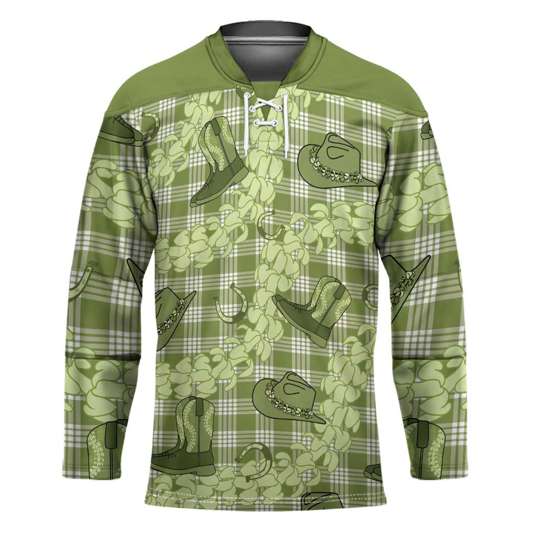 Lime Palaka Hawaii Cowboy Hockey Jersey Puakenikeni Lei Paniolo Papale Seamless Vibes - Polynesian Pride
