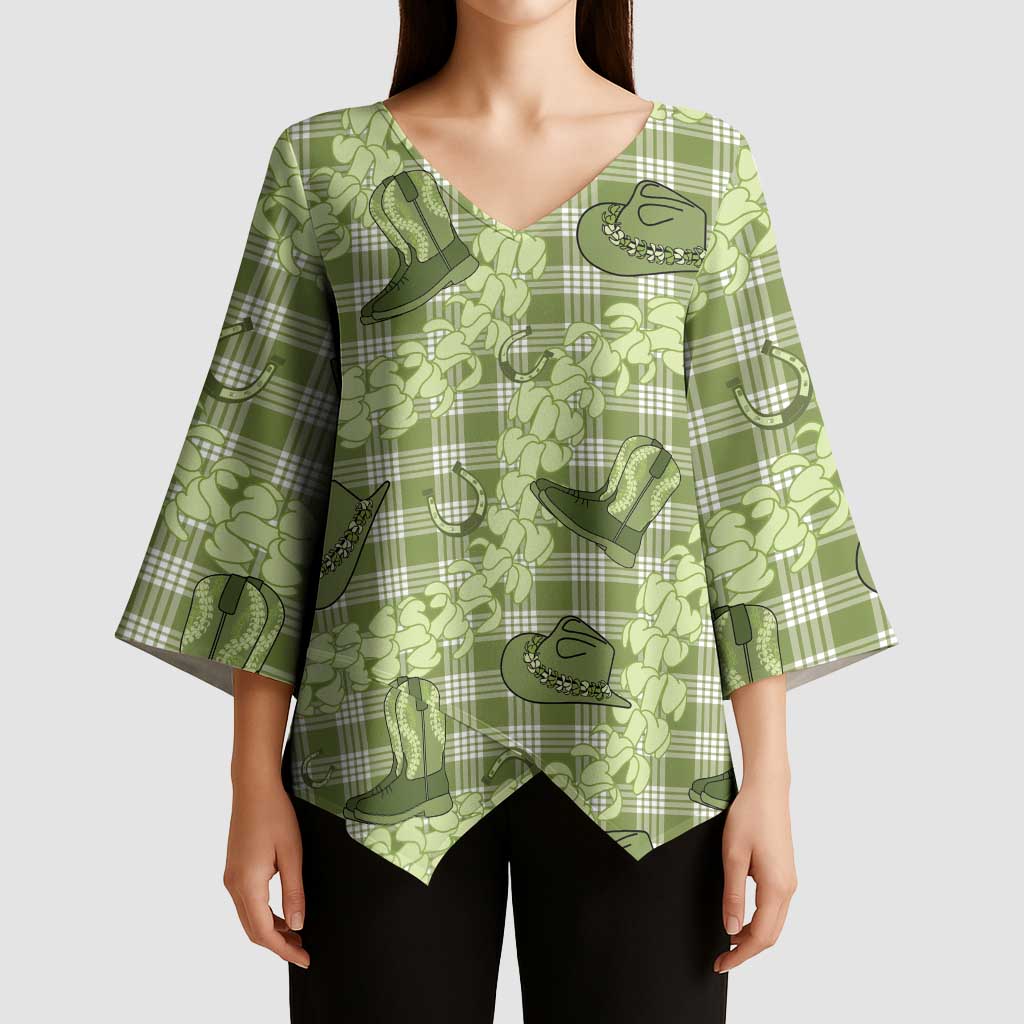 Lime Palaka Hawaii Cowboy Kimono Sleeve Blouse Puakenikeni Lei Paniolo Papale Seamless Vibes - Polynesian Pride