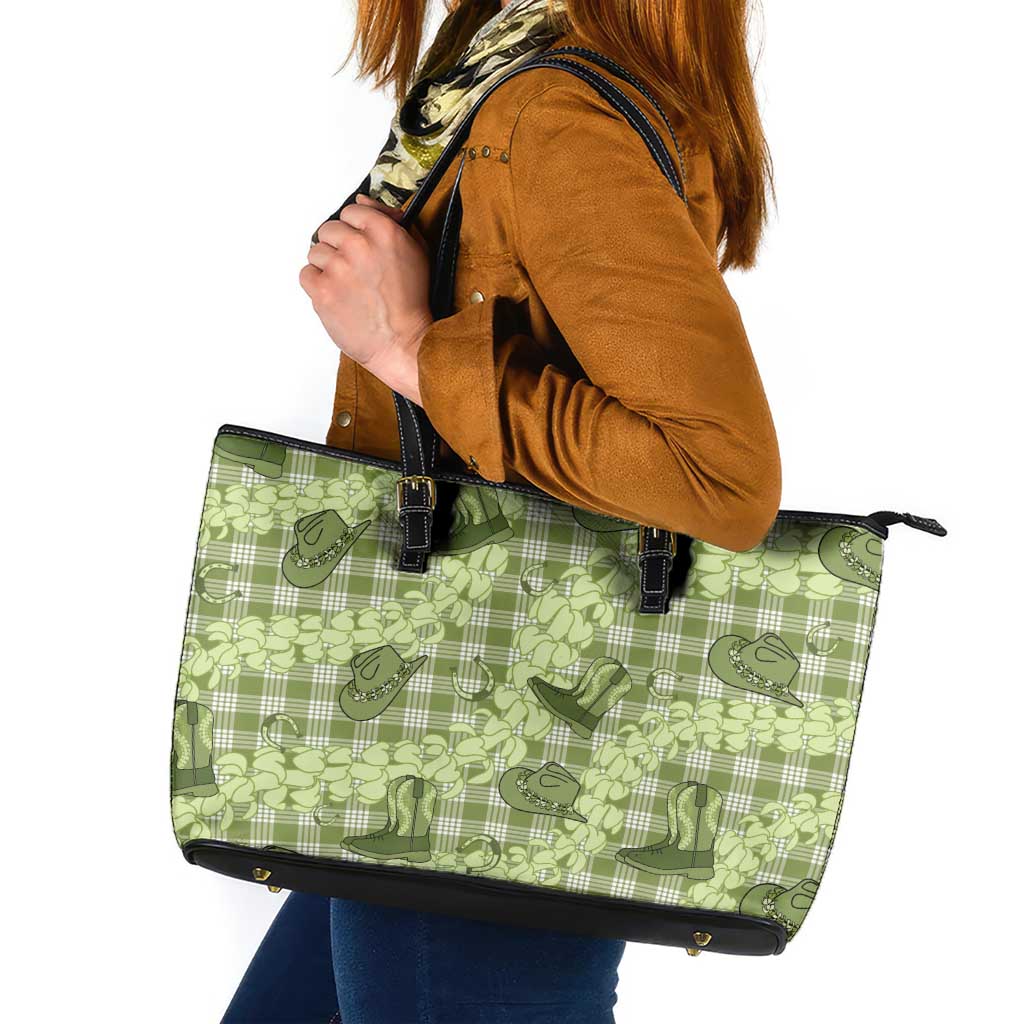 Lime Palaka Hawaii Cowboy Leather Tote Bag Puakenikeni Lei Paniolo Papale Seamless Vibes - Polynesian Pride
