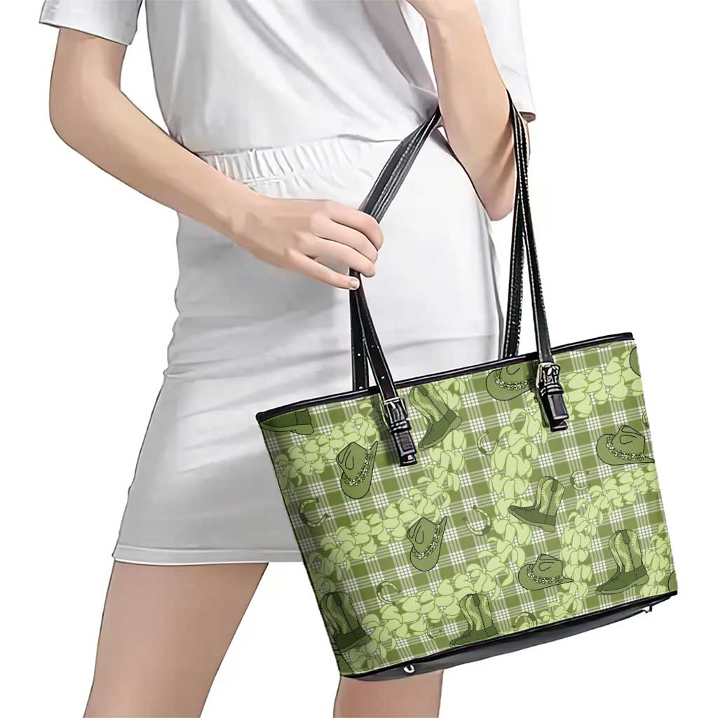 Lime Palaka Hawaii Cowboy Leather Tote Bag Puakenikeni Lei Paniolo Papale Seamless Vibes - Polynesian Pride