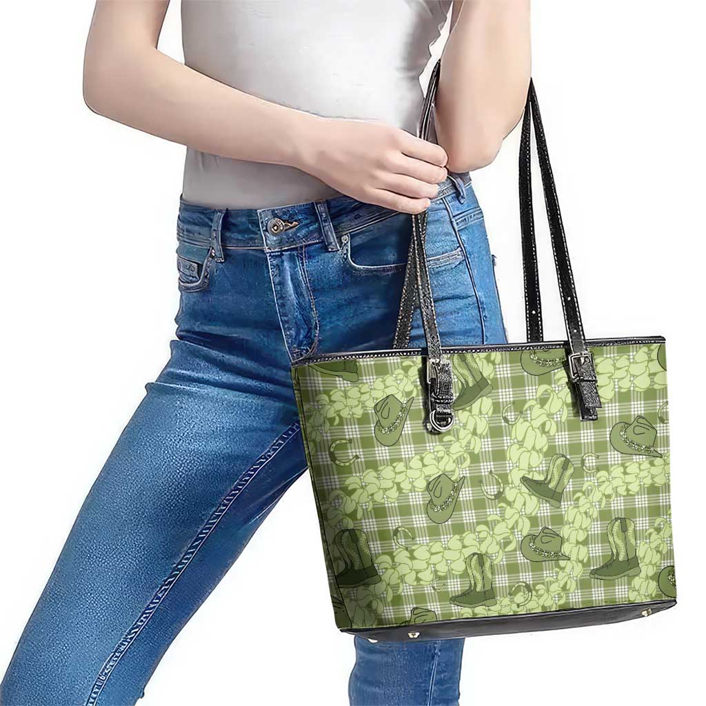 Lime Palaka Hawaii Cowboy Leather Tote Bag Puakenikeni Lei Paniolo Papale Seamless Vibes - Polynesian Pride