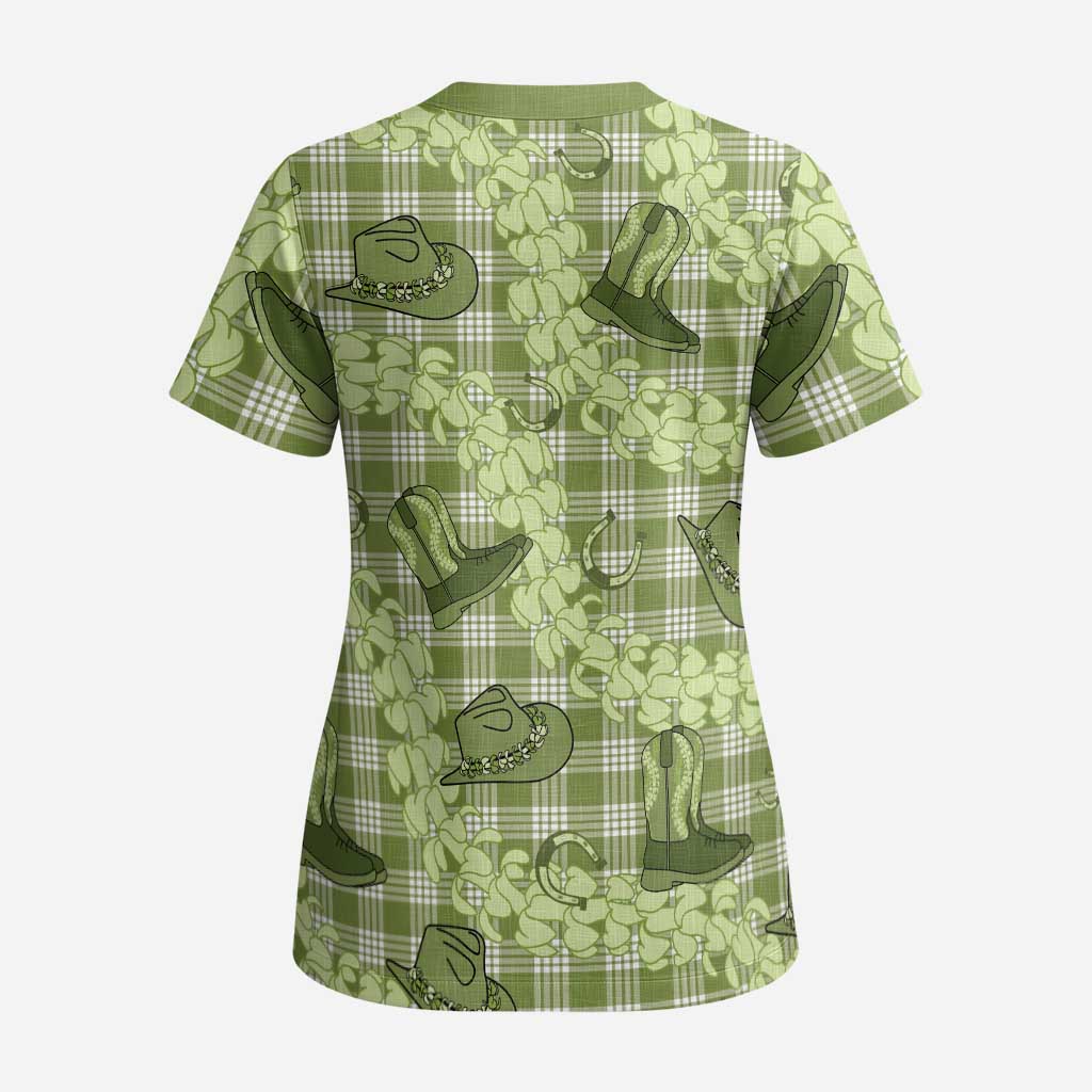 Lime Palaka Hawaii Cowboy Scrub Top Puakenikeni Lei Paniolo Papale Seamless Vibes - Polynesian Pride