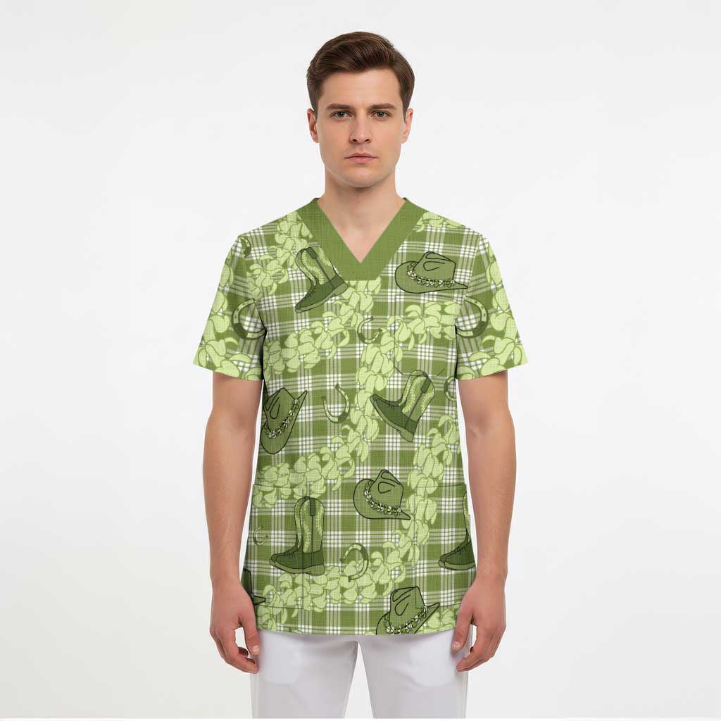 Lime Palaka Hawaii Cowboy Scrub Top Puakenikeni Lei Paniolo Papale Seamless Vibes - Polynesian Pride