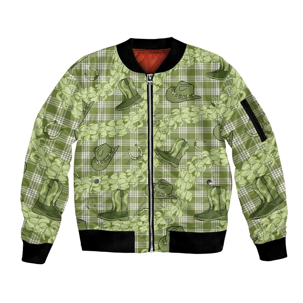 Lime Palaka Hawaii Cowboy Sleeve Zip Bomber Jacket Puakenikeni Lei Paniolo Papale Seamless Vibes - Polynesian Pride