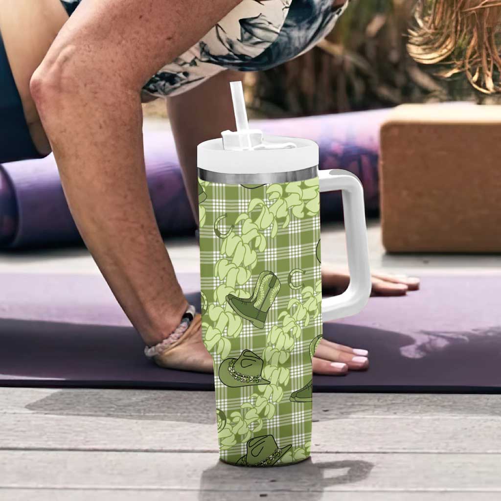 Lime Palaka Hawaii Cowboy Tumbler With Handle Puakenikeni Lei Paniolo Papale Seamless Vibes - Polynesian Pride