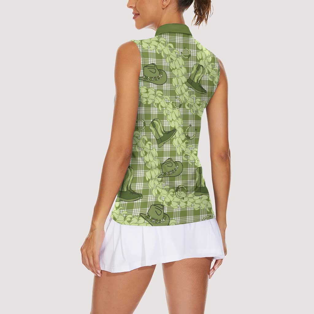 Lime Palaka Hawaii Cowboy Women Sleeveless Polo Shirt Puakenikeni Lei Paniolo Papale Seamless Vibes - Polynesian Pride
