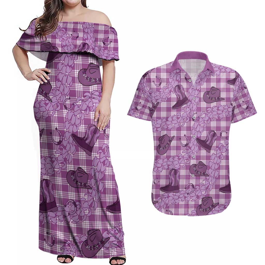 Purple Palaka Hawaii Cowboy Couples Matching Off Shoulder Maxi Dress and Hawaiian Shirt Puakenikeni Lei Paniolo Papale Seamless Vibes - Polynesian Pride