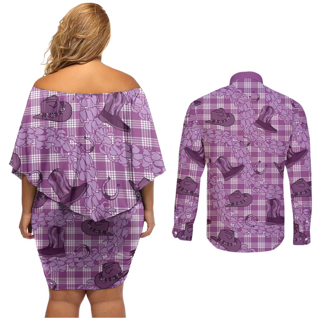 Purple Palaka Hawaii Cowboy Couples Matching Off Shoulder Short Dress and Long Sleeve Button Shirt Puakenikeni Lei Paniolo Papale Seamless Vibes - Polynesian Pride
