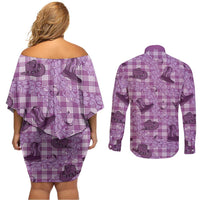 Purple Palaka Hawaii Cowboy Couples Matching Off Shoulder Short Dress and Long Sleeve Button Shirt Puakenikeni Lei Paniolo Papale Seamless Vibes - Polynesian Pride