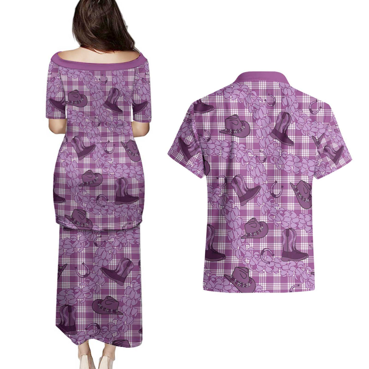 Purple Palaka Hawaii Cowboy Couples Matching Puletasi and Hawaiian Shirt Puakenikeni Lei Paniolo Papale Seamless Vibes - Polynesian Pride