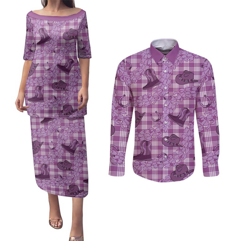 Purple Palaka Hawaii Cowboy Couples Matching Puletasi and Long Sleeve Button Shirt Puakenikeni Lei Paniolo Papale Seamless Vibes - Polynesian Pride