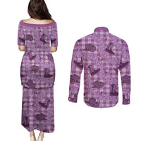 Purple Palaka Hawaii Cowboy Couples Matching Puletasi and Long Sleeve Button Shirt Puakenikeni Lei Paniolo Papale Seamless Vibes - Polynesian Pride
