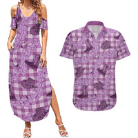 Purple Palaka Hawaii Cowboy Couples Matching Summer Maxi Dress and Hawaiian Shirt Puakenikeni Lei Paniolo Papale Seamless Vibes - Polynesian Pride