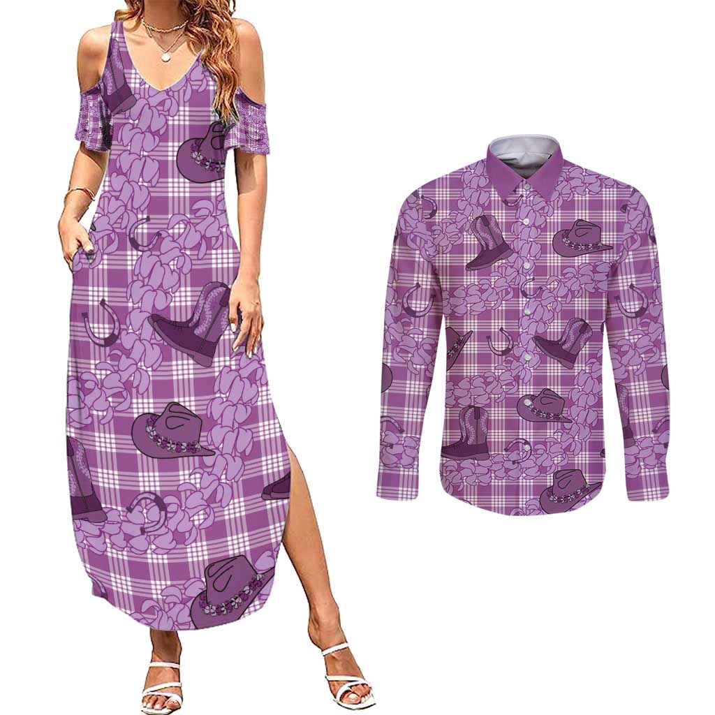 Purple Palaka Hawaii Cowboy Couples Matching Summer Maxi Dress and Long Sleeve Button Shirt Puakenikeni Lei Paniolo Papale Seamless Vibes - Polynesian Pride