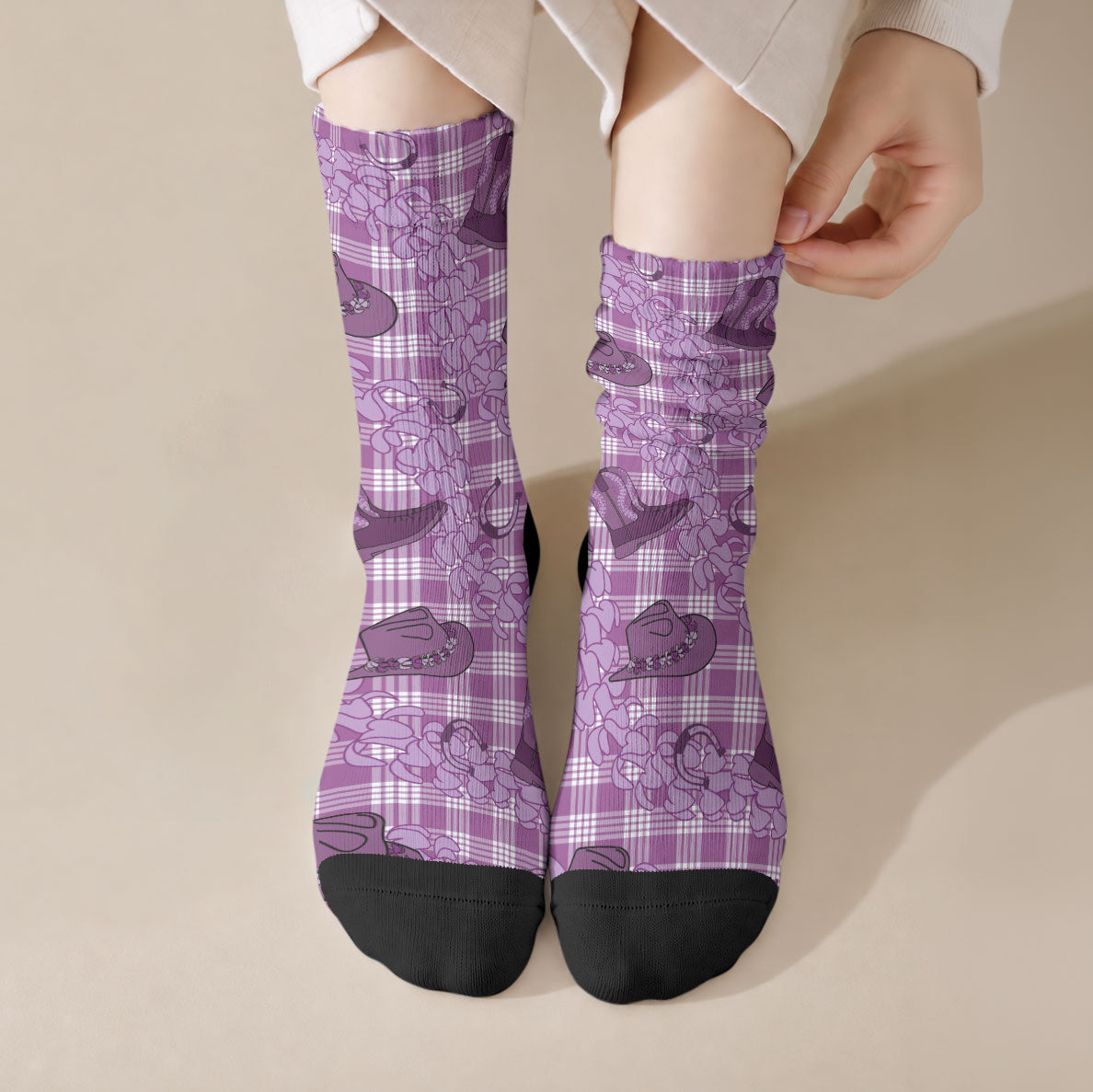 Purple Palaka Hawaii Cowboy Crew Socks Puakenikeni Lei Paniolo Papale Seamless Vibes
