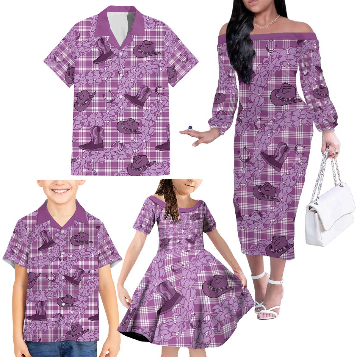Purple Palaka Hawaii Cowboy Family Matching Off The Shoulder Long Sleeve Dress and Hawaiian Shirt Puakenikeni Lei Paniolo Papale Seamless Vibes - Polynesian Pride