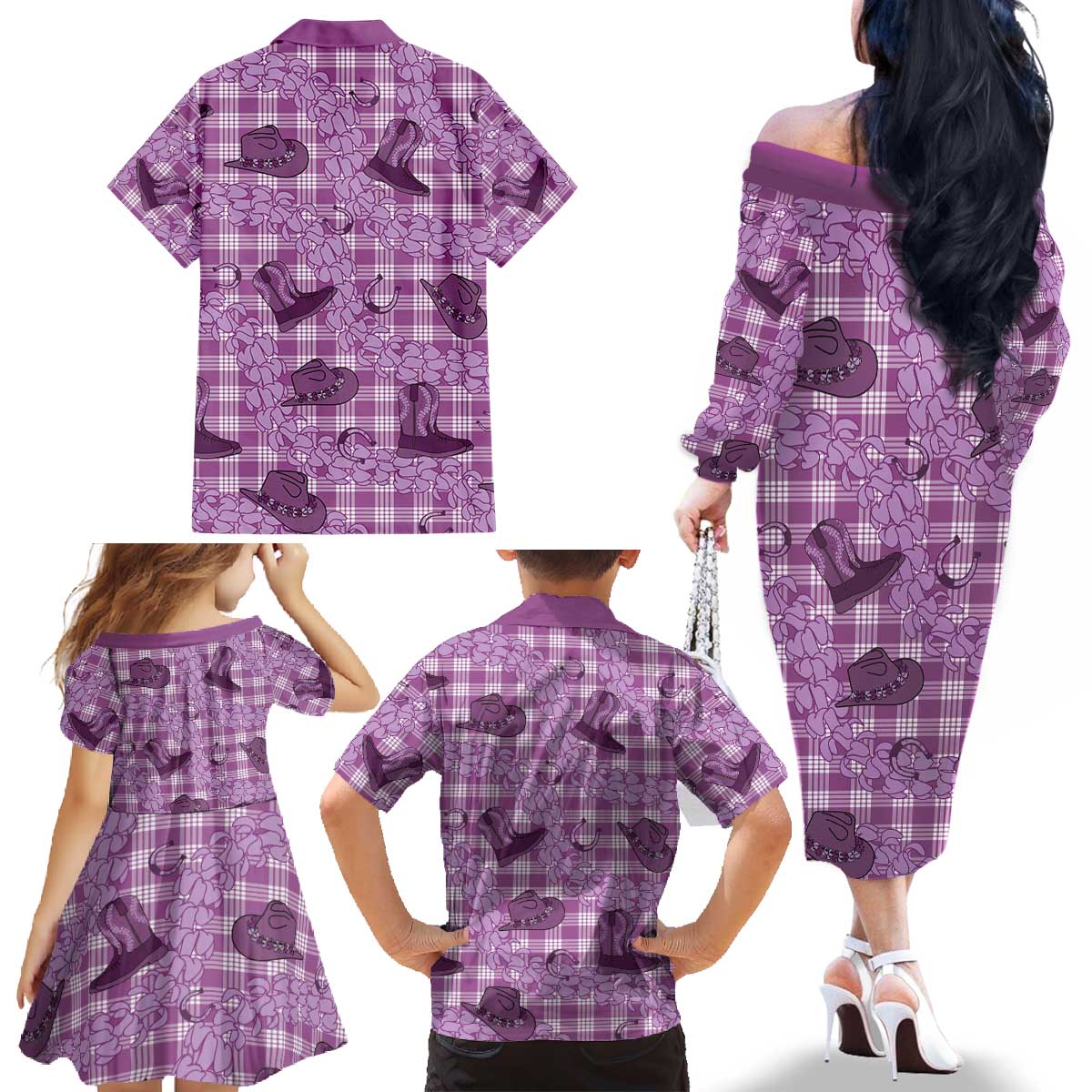 Purple Palaka Hawaii Cowboy Family Matching Off The Shoulder Long Sleeve Dress and Hawaiian Shirt Puakenikeni Lei Paniolo Papale Seamless Vibes - Polynesian Pride